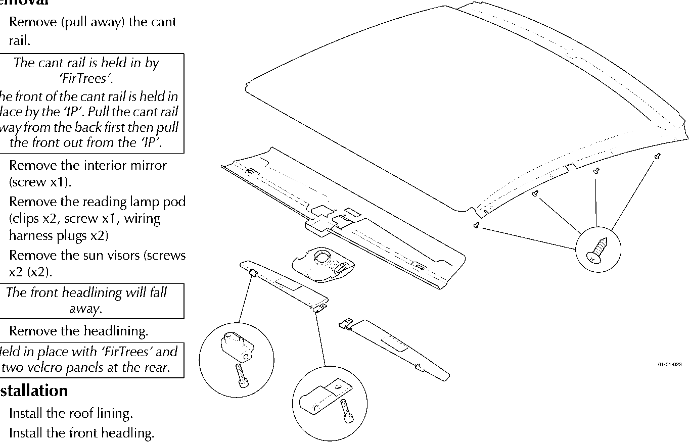 Exploded line drawing of the roof trim assembly showing the cant rail, interior mirror, reading lamp pod, sun visors, and headlining with callout circles highlighting fasteners and attachment points.