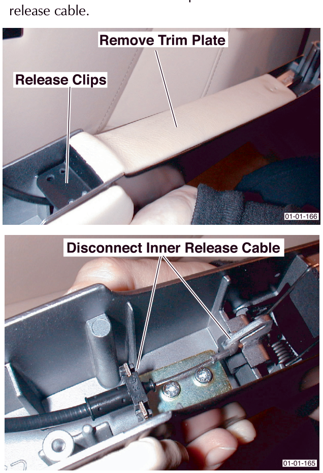 Two-part image showing release clips being removed from the door handle trim plate, and a hand disconnecting the inner release cable from the mechanism.