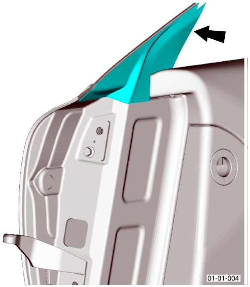 Diagram of the upper door corner showing the mirror cheater panel being pulled away from the body.