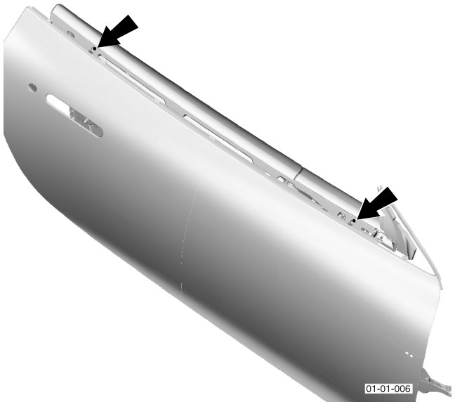 Diagram of the exterior door panel showing two screws located along the top edge being removed.