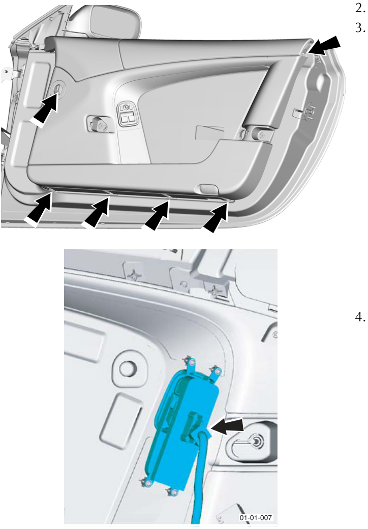 Door trim panel removed showing internal components and wiring harness connectors