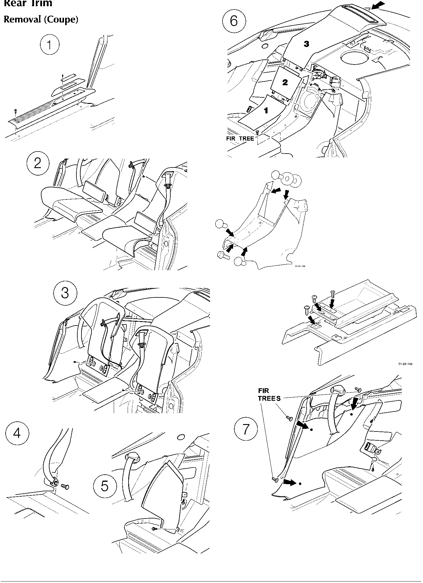 Diagram showing removal of rear trim components including seat backrests, side panels, and upper trim pieces with numbered steps 1 through 7.