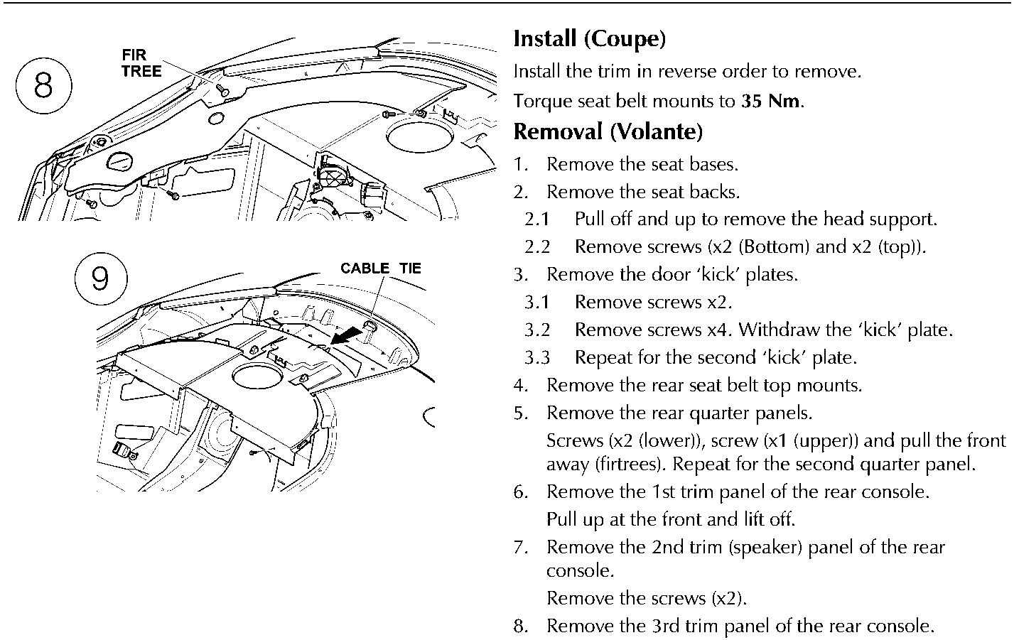 Diagram showing the rear interior trim of a DB 9 Volante, with callout numbers 8 and 9 identifying components labeled FIR TREE and CABLE TIE.
