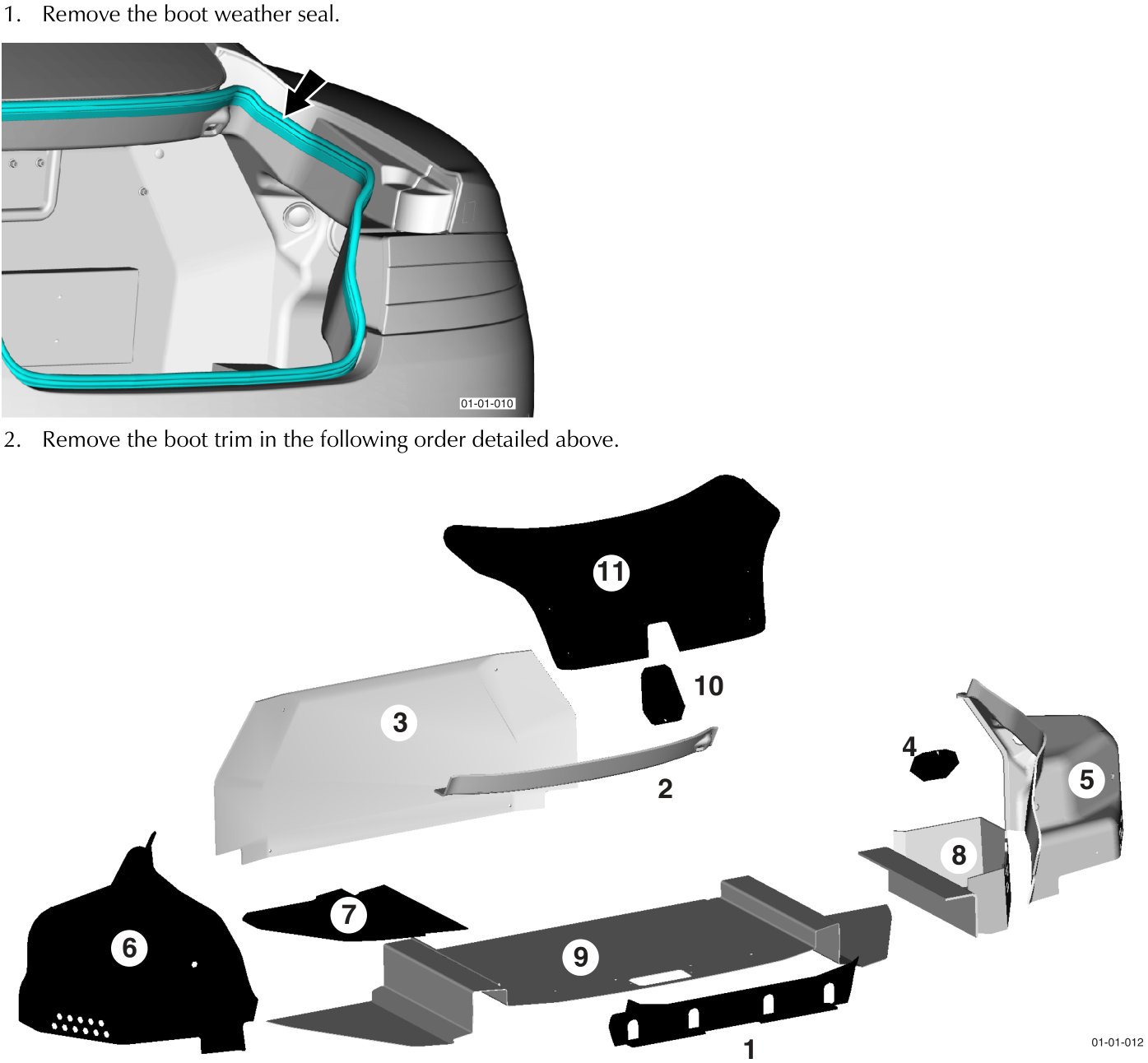 Diagram showing the removal of the boot weather seal from the rear body panel