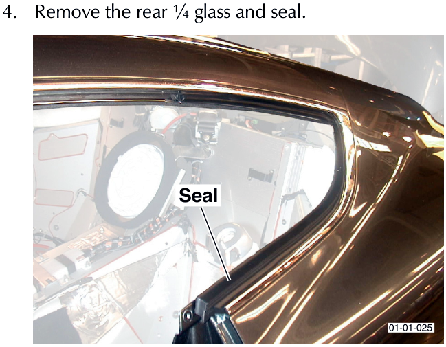 Diagram showing Seal on the rear quarter glass area of a car door