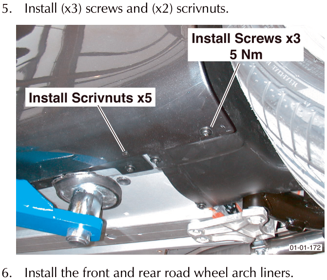 Diagram showing installation of screws and scrivnuts on the wheel arch liner, with callout labels 'Install Screws x3 5 Nm' and 'Install Scrivnuts x5'.