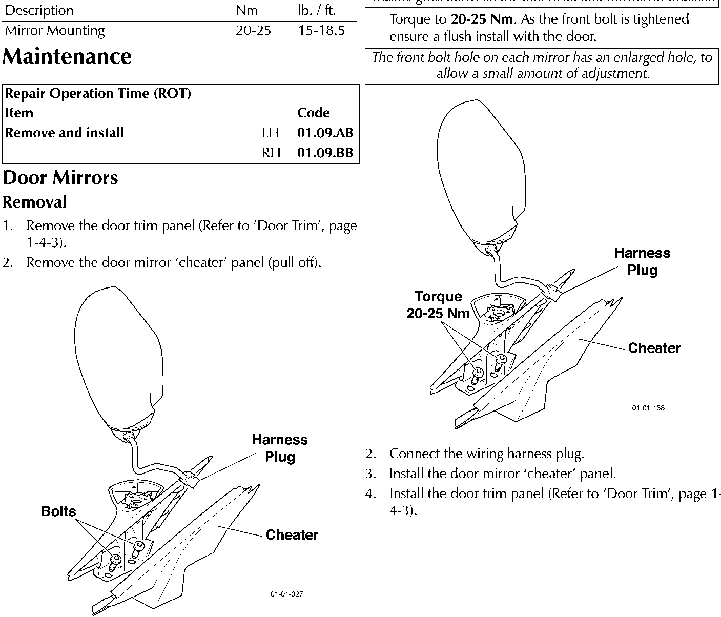 Diagram of door mirror assembly showing Bolts, Harness Plug, and Cheater components