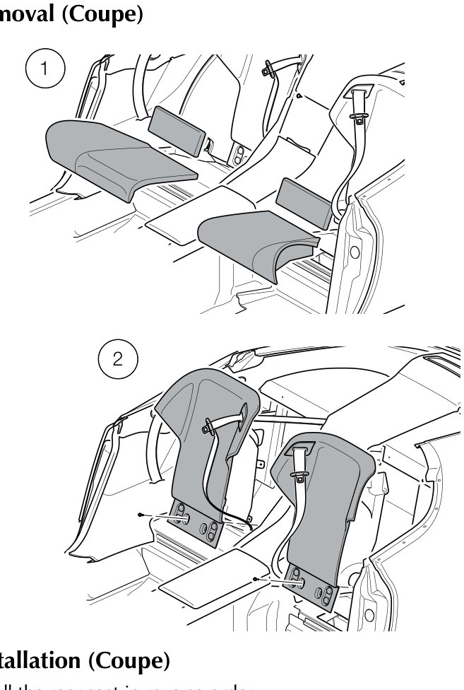 Diagram showing removal of rear seats in a coupe, with callout numbers 1 and 2 indicating the seat cushions and backrests respectively.