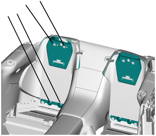 Diagram showing the rear seat back with four callout lines pointing to the securing screws on the headrest panels