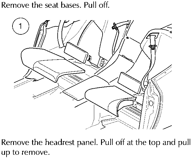 Diagram showing the rear seat base being pulled off, with callout number 1