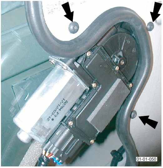 The internal mechanism of a car door showing the window regulator motor and guide rails with arrows pointing to mounting nuts.