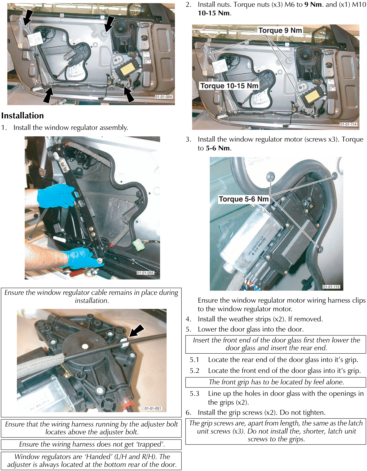 Interior of a car door panel showing the window regulator assembly with arrows pointing to four mounting points.