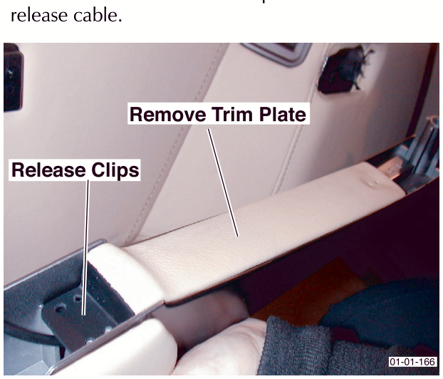 Interior door panel showing Release Clips and Remove Trim Plate labels pointing to components
