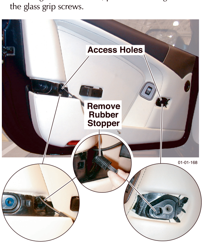 Door panel interior showing Access Holes and Remove Rubber Stopper labels with close-up insets