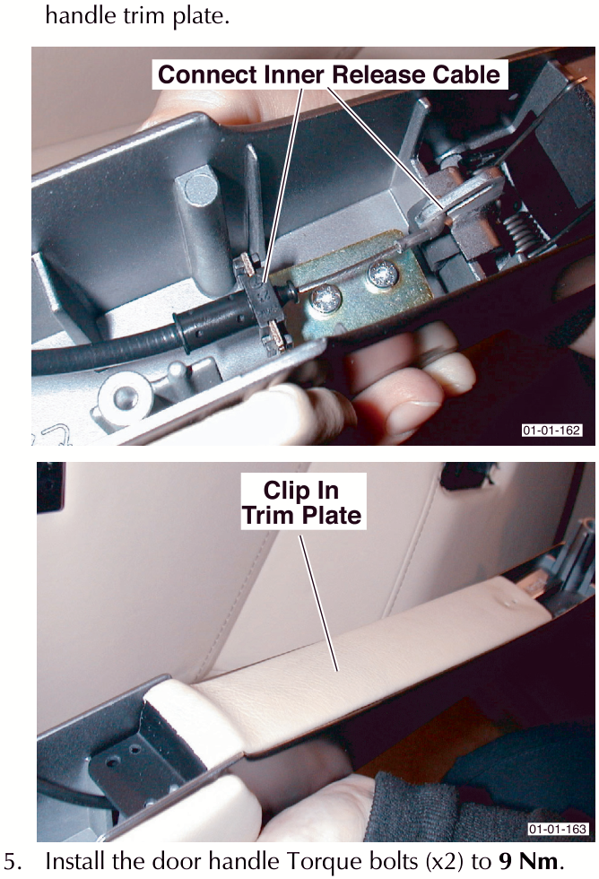 Two images showing the connection of the inner release cable and clipping in the trim plate