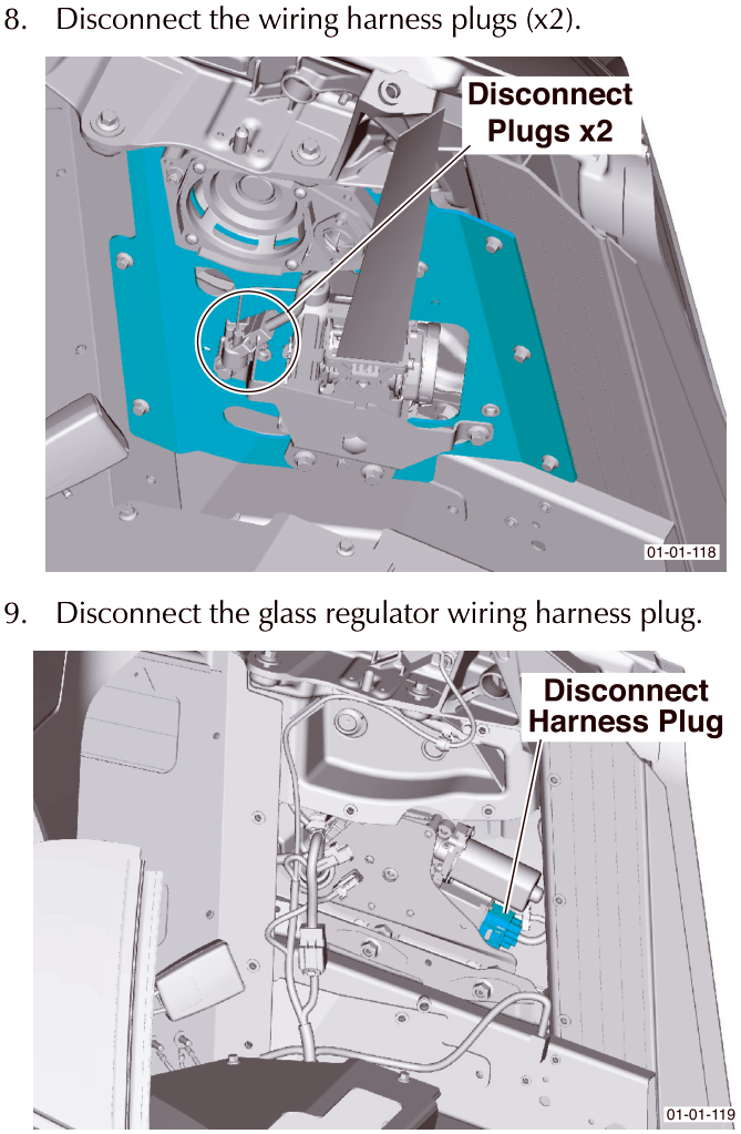 Diagram showing two wiring harness plugs being disconnected from the glass regulator assembly.