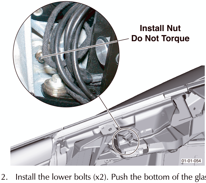 Close-up view of a glass regulator assembly with callout text 'Install Nut Do Not Torque' pointing to the top nut.