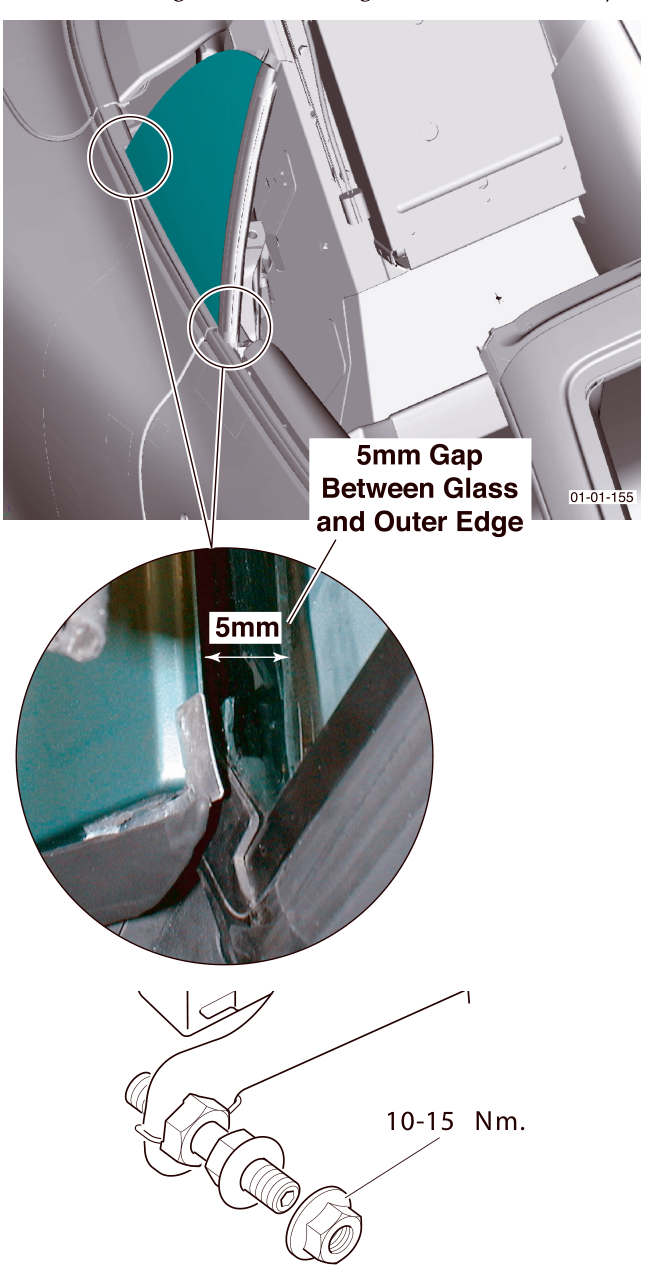 View of the window glass edge showing a 5mm gap between the glass and the outer edge of the vehicle body, with a close-up inset of the gap measurement. Below is a detail of a bolt and nut assembly with a torque value of 10-15 Nm.