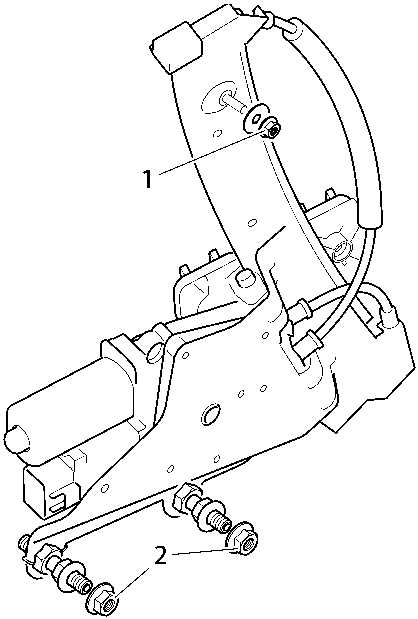 Line drawing of a glass regulator mechanism showing part number 1 at the top and part number 2 at the lower mounting points.