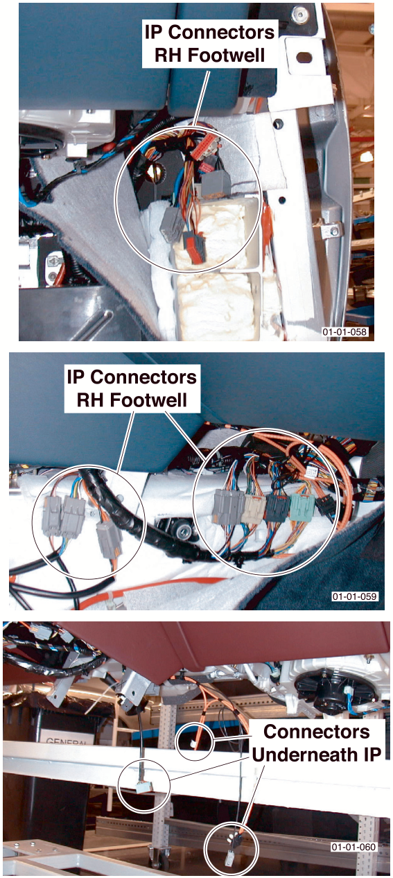 Three photographs showing IP connectors in the RH footwell and connectors underneath the IP, with callout labels identifying each location.