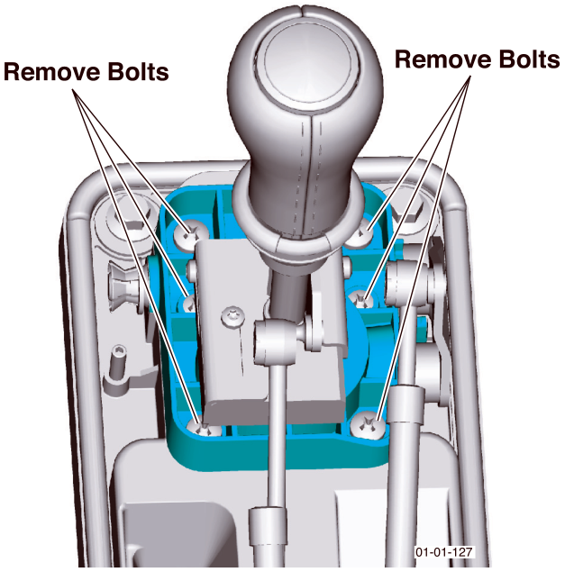 Diagram of a manual gear lever assembly showing two sets of bolts to be removed on either side of the gear lever base, labeled 'Remove Bolts'.