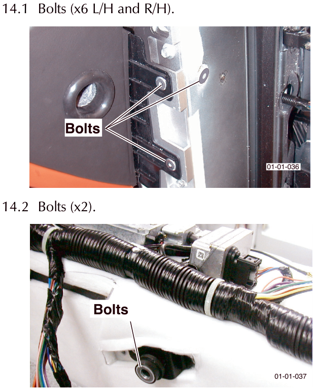 Close-up photograph of bolts securing the instrument panel structure, with a callout line pointing to them labeled 'Bolts'.