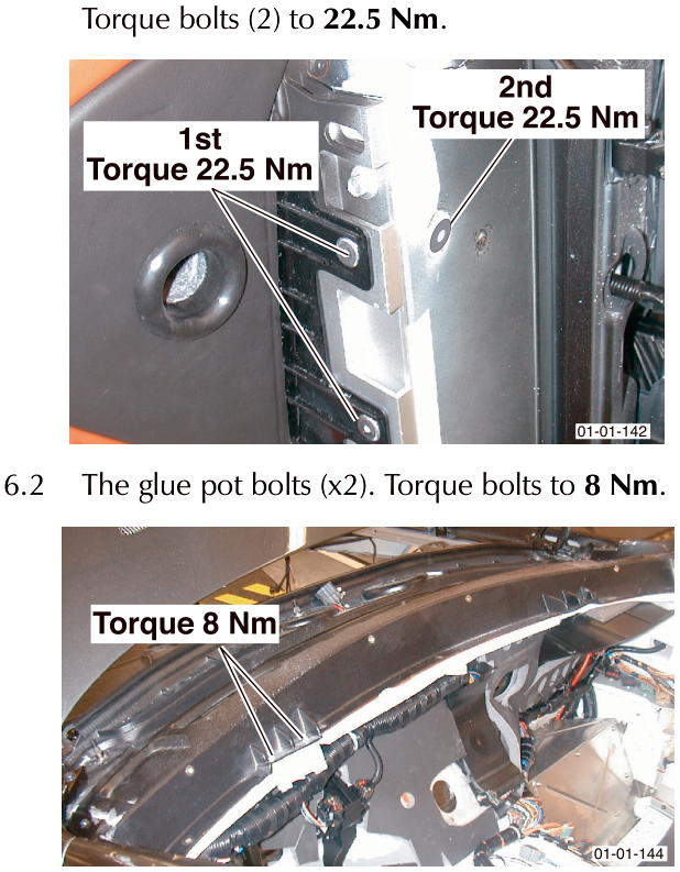 Photo showing two locations on the vehicle structure labeled '1st Torque 22.5 Nm' and '2nd Torque 22.5 Nm'.