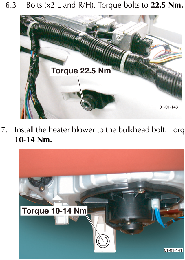Photo showing bolts in the vehicle structure with a label 'Torque 22.5 Nm' pointing to a bolt.