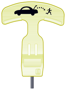 A diagram of a T-shaped luminous emergency boot release handle with a pictogram of a car and a person running on the top bar.