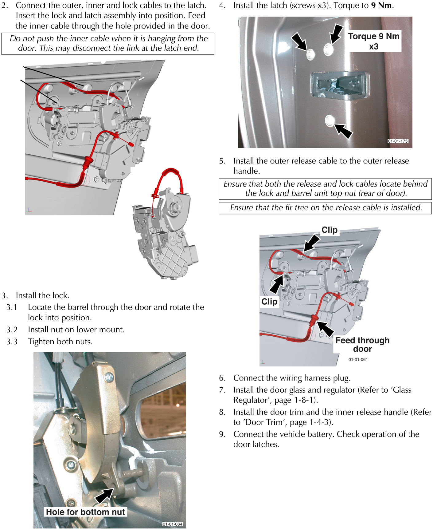 Diagram showing the connection of red cables to the door latch mechanism and barrel unit inside the door panel.