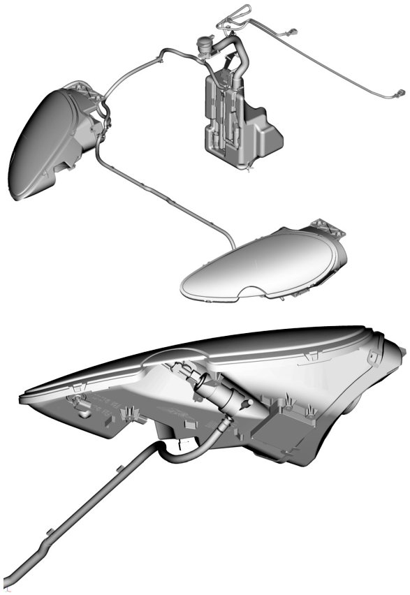 Diagram showing the headlamp washer assembly components including nozzles, linkages, and reservoir connections