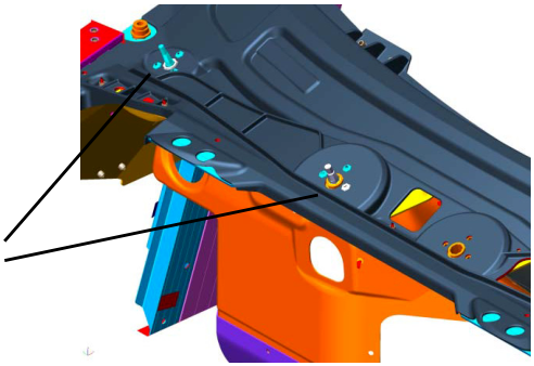 Diagram showing the location of the six bolts securing the wiper box to the scuttle panel
