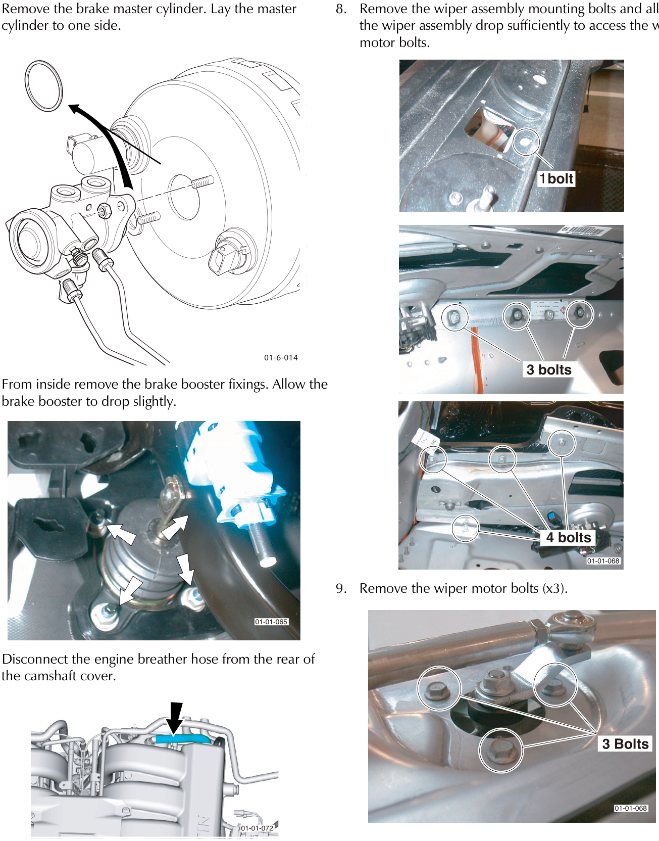 Line drawing of a brake master cylinder being removed from a brake booster, with an O-ring shown separating. Figure number 01-6-014.