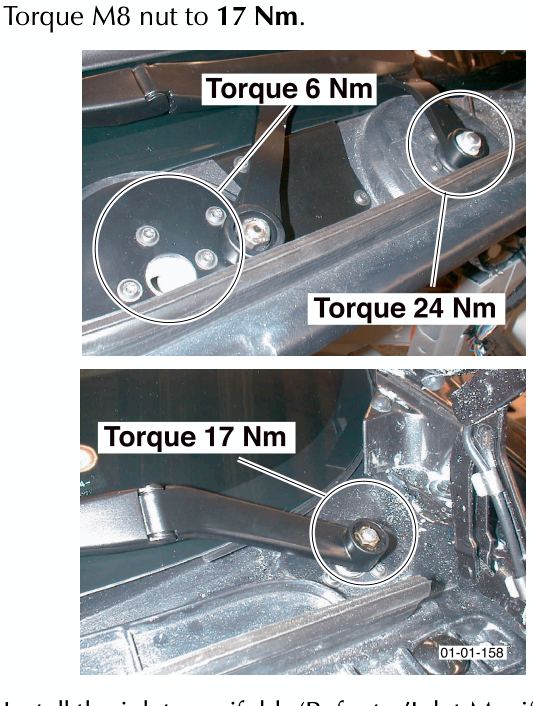 Two images showing torque specifications for wiper arm components: top image indicates Torque 6 Nm and Torque 24 Nm; bottom image indicates Torque 17 Nm.