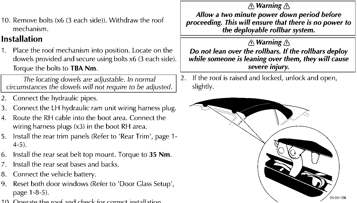 Illustrates roof mechanism installation and rollbar safety warnings