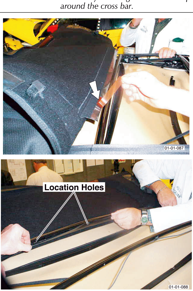 A hand applying adhesive tape to the roof material near the cross bar, with a label 'Location Holes' pointing to holes in the material.