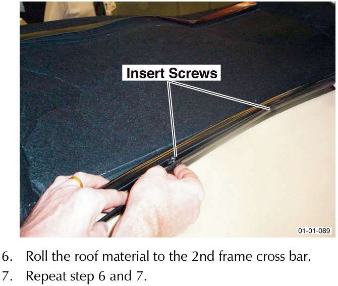 A pair of hands inserting screws into the black roof lining strip along a cross bar. Label reads Insert Screws.