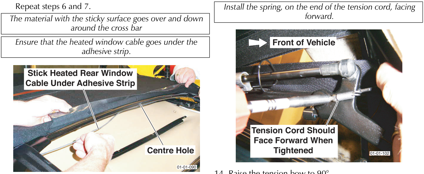 Hands installing a heated rear window cable under an adhesive strip on the roof material, with a centre hole visible.