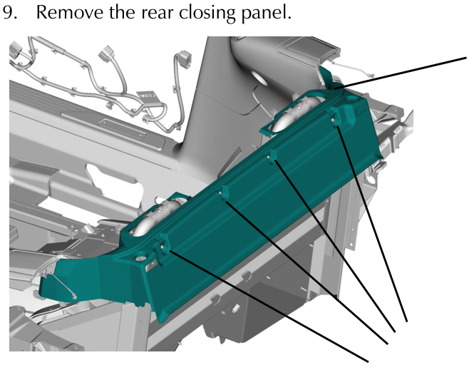 Diagram showing the rear closing panel highlighted in teal, attached to the rollbar structure.