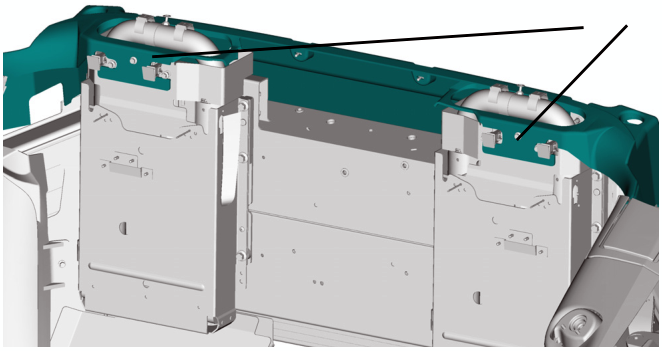 Diagram showing the rear closing panel removed, exposing the underlying metal structure and hydraulic rams.