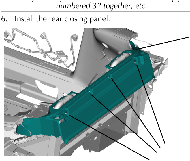 A diagram showing the installation of the rear closing panel (highlighted in teal) onto the vehicle body structure.