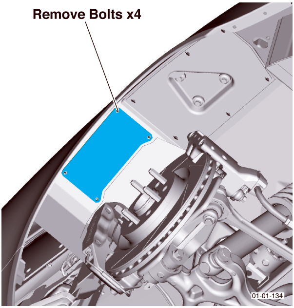 View of the roof module plate assembly with four bolts highlighted in blue, labeled 'Remove Bolts x4'