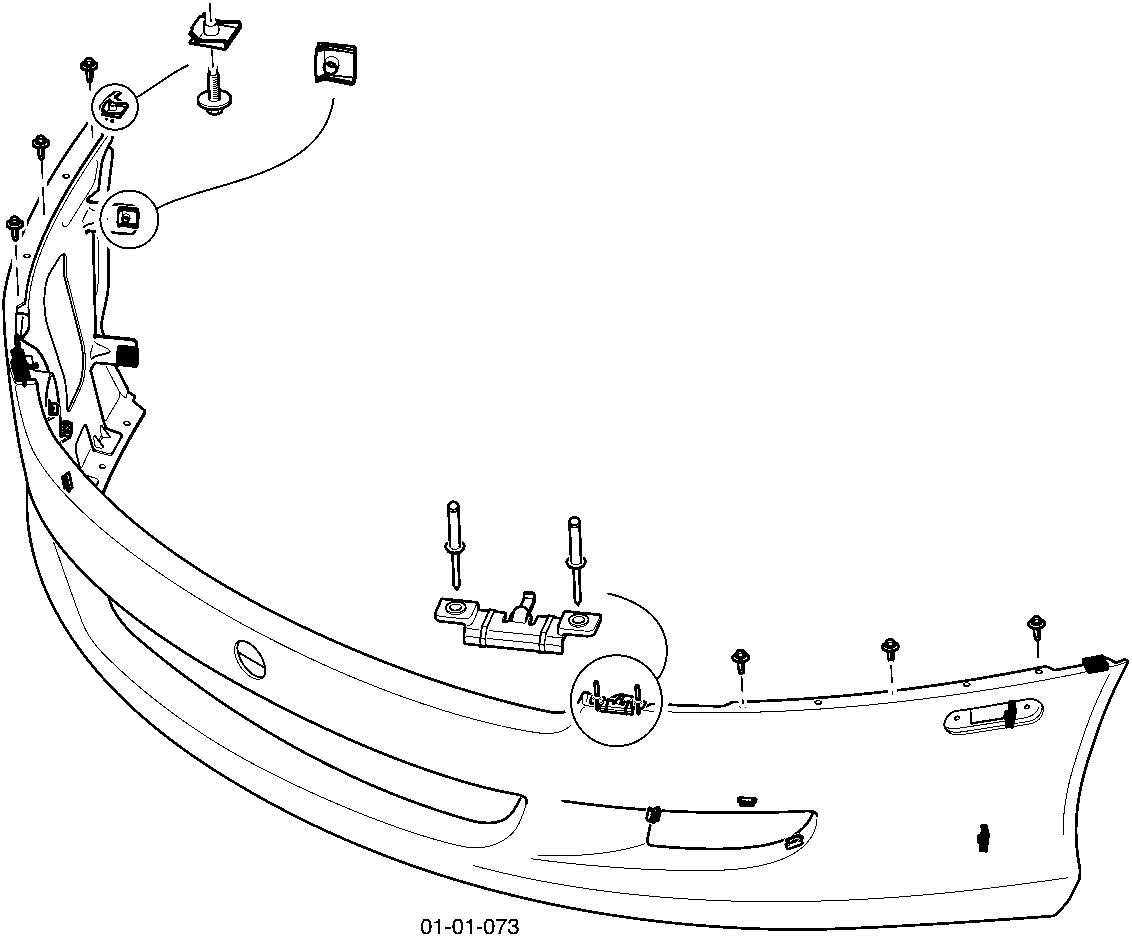 Diagram of the front bumper assembly showing mounting points and brackets, figure number 01-01-073
