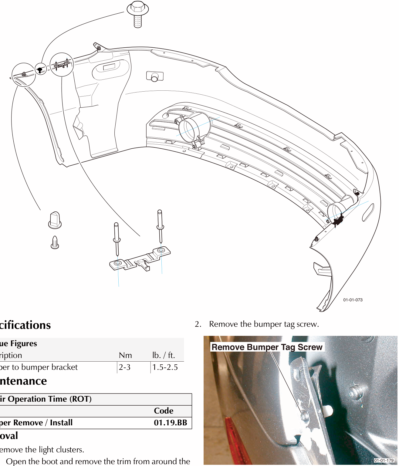 Exploded line drawing of the rear bumper assembly showing mounting brackets, screws, and light cluster components.