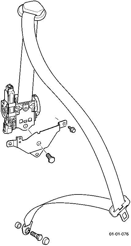 Diagram of a seat belt assembly showing the retractor, webbing path, and mounting hardware