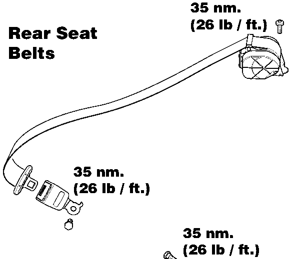 Diagram of rear seat belt assembly showing three torque points