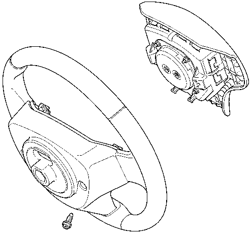 Diagram showing the driver's airbag module removed from the steering wheel with associated bolts and wiring harness plug visible.