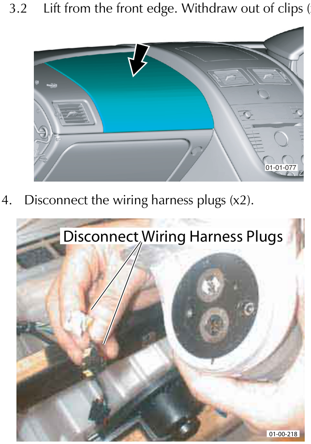 Dashboard view showing the airbag trim panel area with arrows indicating the lifting direction from the front edge.