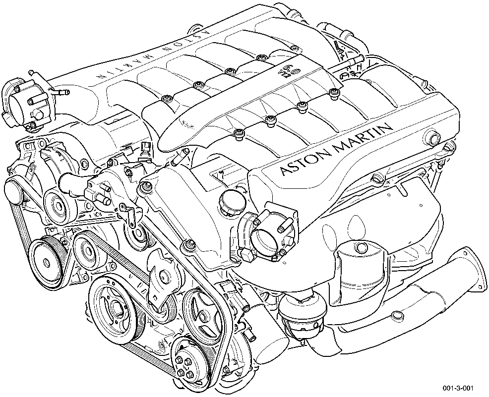Line drawing of the Aston Martin V12 engine assembly showing cylinder heads, intake manifold, and front drive belts