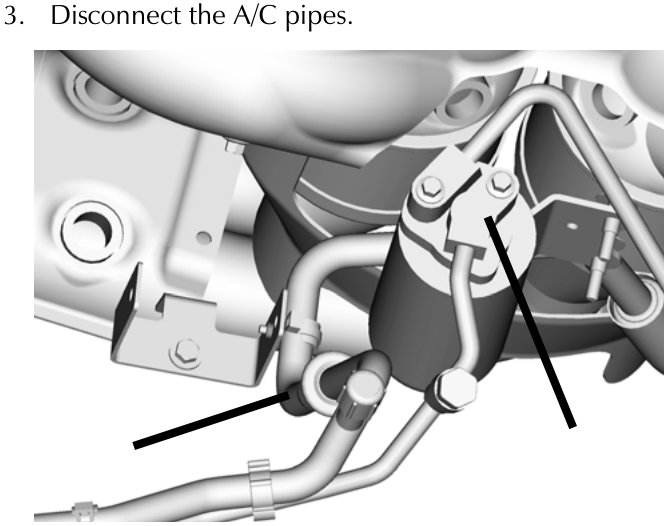 Diagram showing A/C pipe connections being disconnected from the engine assembly